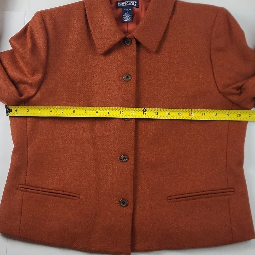 Lands End 100% Wool Tweed Burnt Orange Button Front Jacket Blazer